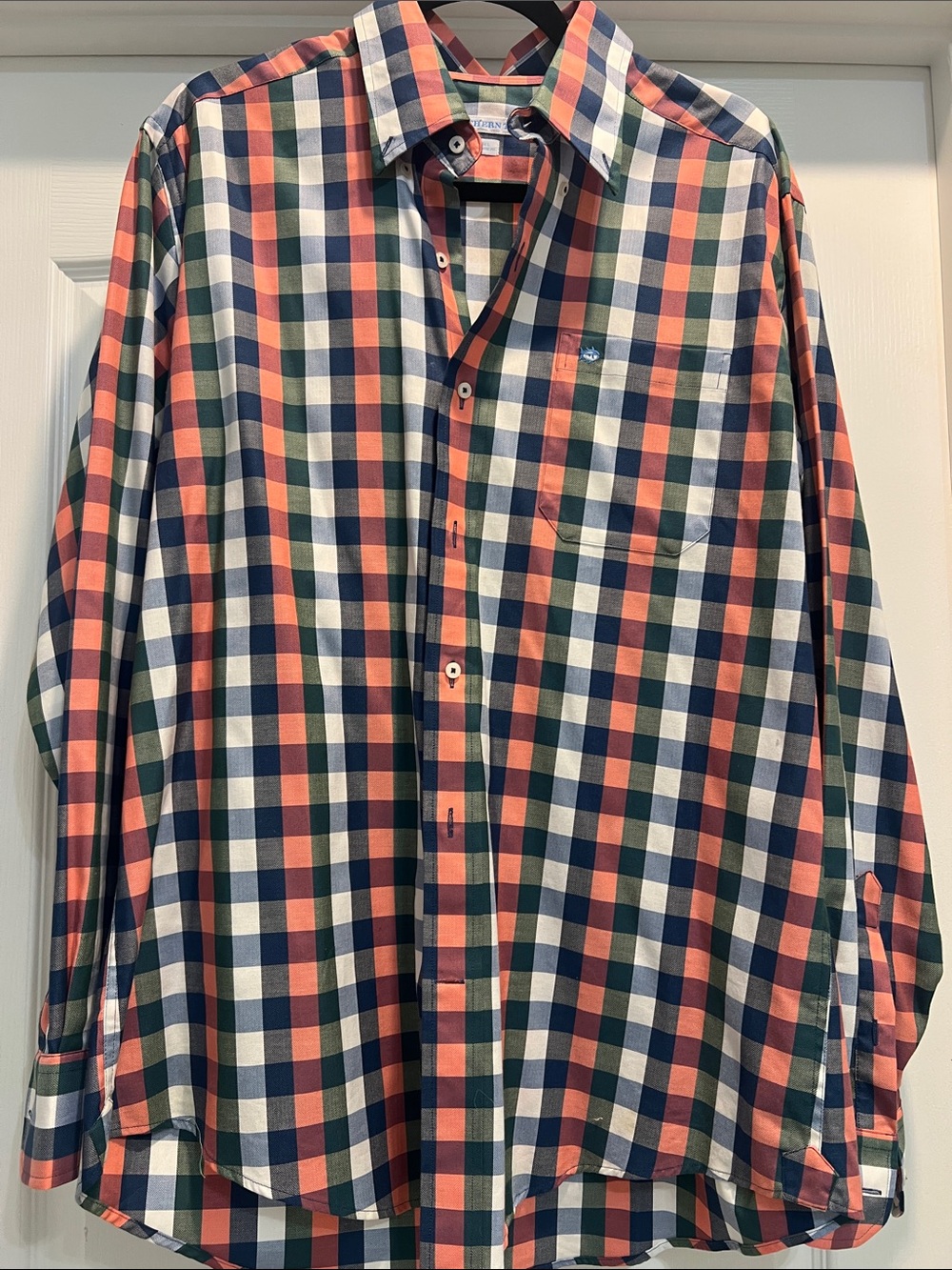 Southern Tide Plaid Button-Down Shirt - Navy, Coral & Green